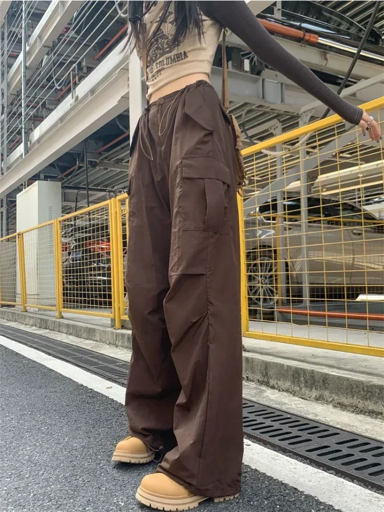 

Vintage Brown Parachute Cargo Pants Korean Streetwear Y2k 90s Wide Leg Joggers Harajuku Hippie Trousers Female Techwear A227