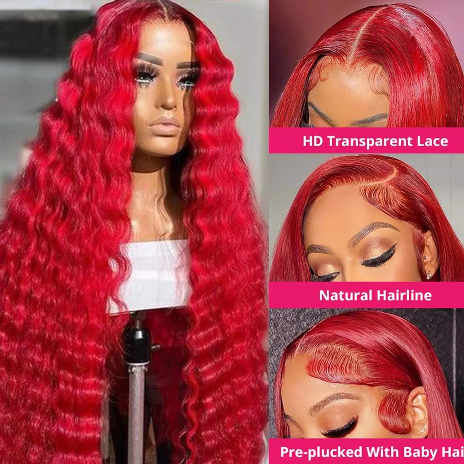 Perruque Lace Front Wig Deep Wave brésilienne naturelle, cheveux bouclés, rouge, 13x4, 13x6, HD, densité 250