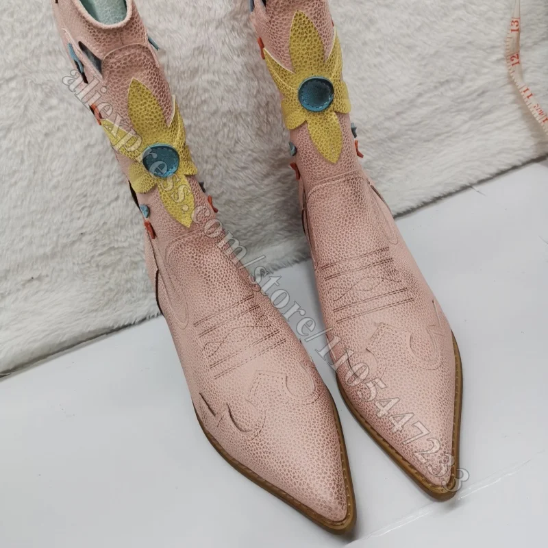 Cowboy Mid Calf Boots Women Star Cutout Colorful Embroidery Patchwork Pointed Toe Wooden He Vintage Western Boots