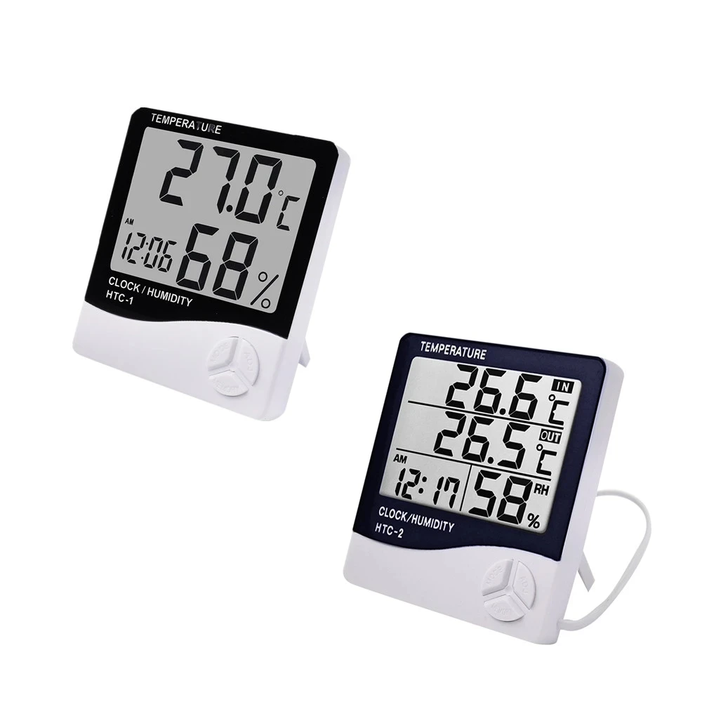 HTC-1 HTC-2 LCD Electronic Digital Temperature Humidity Meter Indoor Outdoor Thermometer Hygrometer with Weather Station Clock