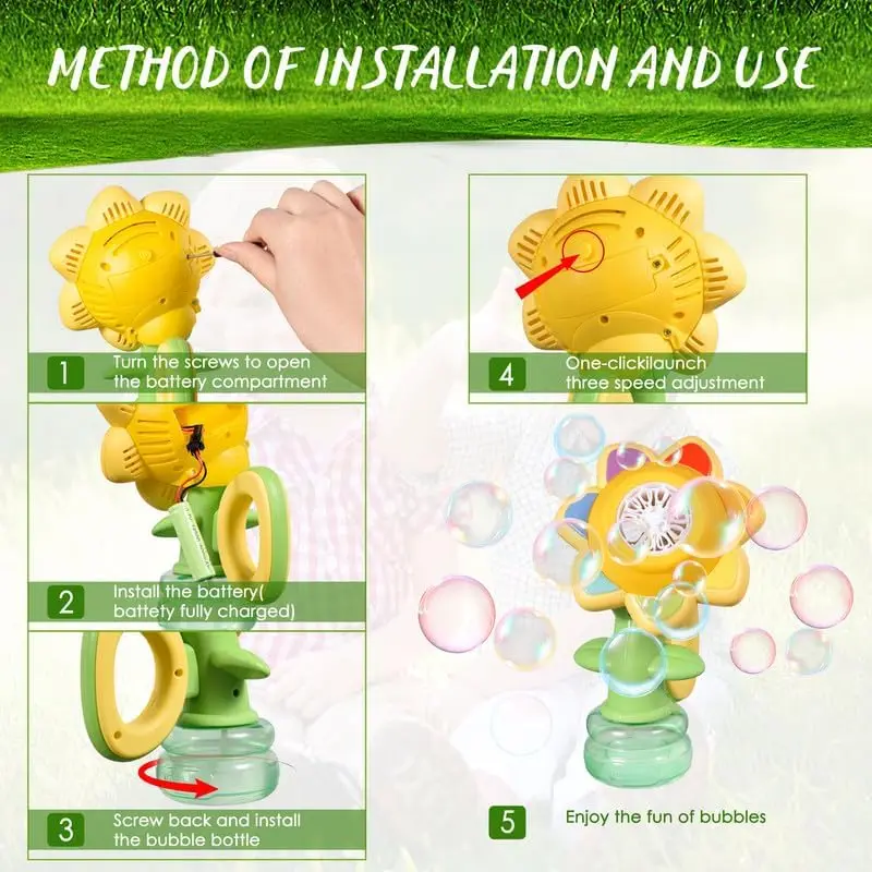 Pistolet à bulles Rechargeable tournesol portatif, jouet amusant, Machine à bulles pivotante LED, jeu sensoriel d'extérieur pour enfants, cadeau de voyage d'anniversaire