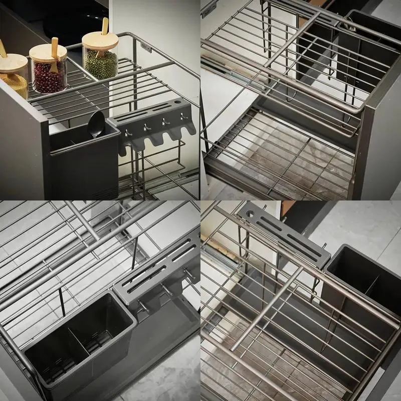 Double Functional Cabinet Spice Storage Basket with Soft Close Mechanism Kitchen Accessories for Organized Cooking Space