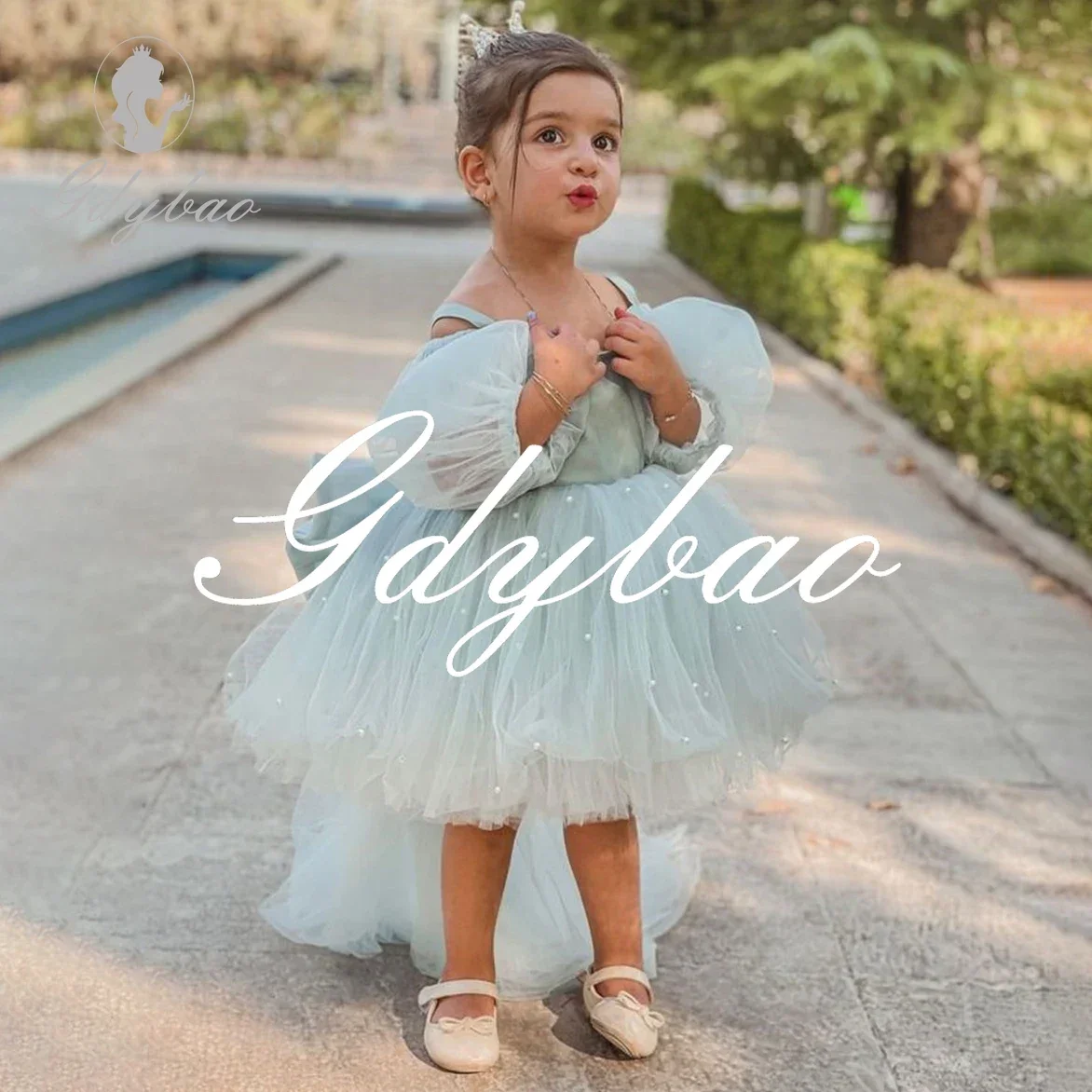 Off The Shoulder Long Puff Sleeve Princess Formal Wedding Party Flower Girl Dress Knee Length Sweep Train First Communion Gown