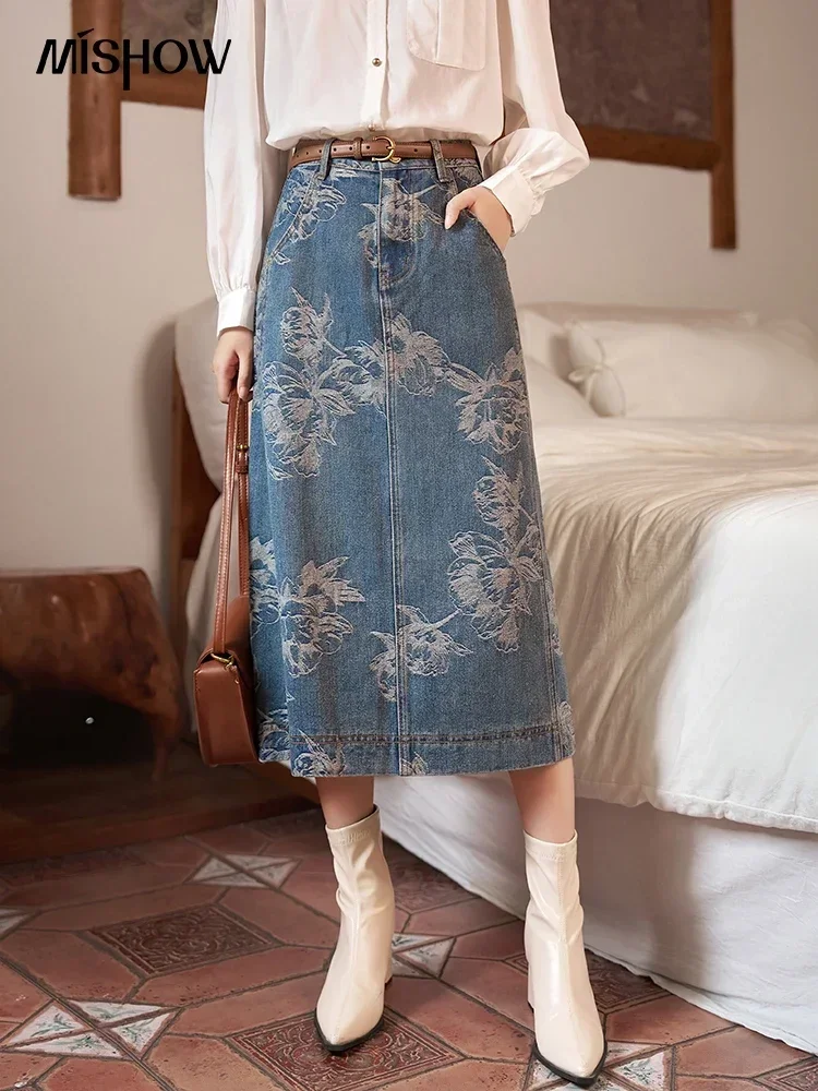 MISHOW Denim Jacquard Temperament Skirt for Women 2023 Autumn Korean Hem Split Back High Waist Retro Female Skirts MXC41B0101