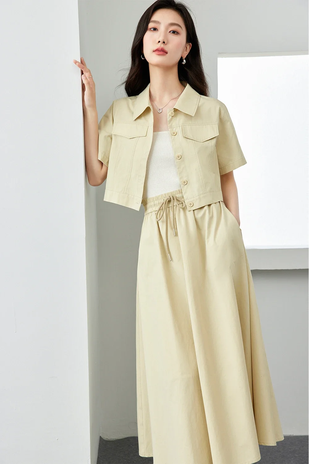 

VIMLY Women's Workwear Skirt Suit 2025 Summer Simple Casual Loose Turndown Collar Cardigan Jacket+ Tie At Waist Skirt Office Set