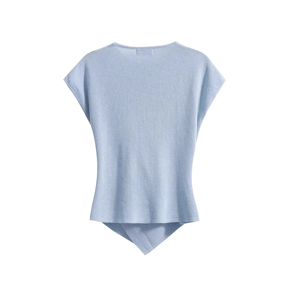 슬림핏 반팔 라운드넥 아이스 실크 니트 탑 여성 여름 티셔츠 허리 조임 숏 디자인 센세이션 상의