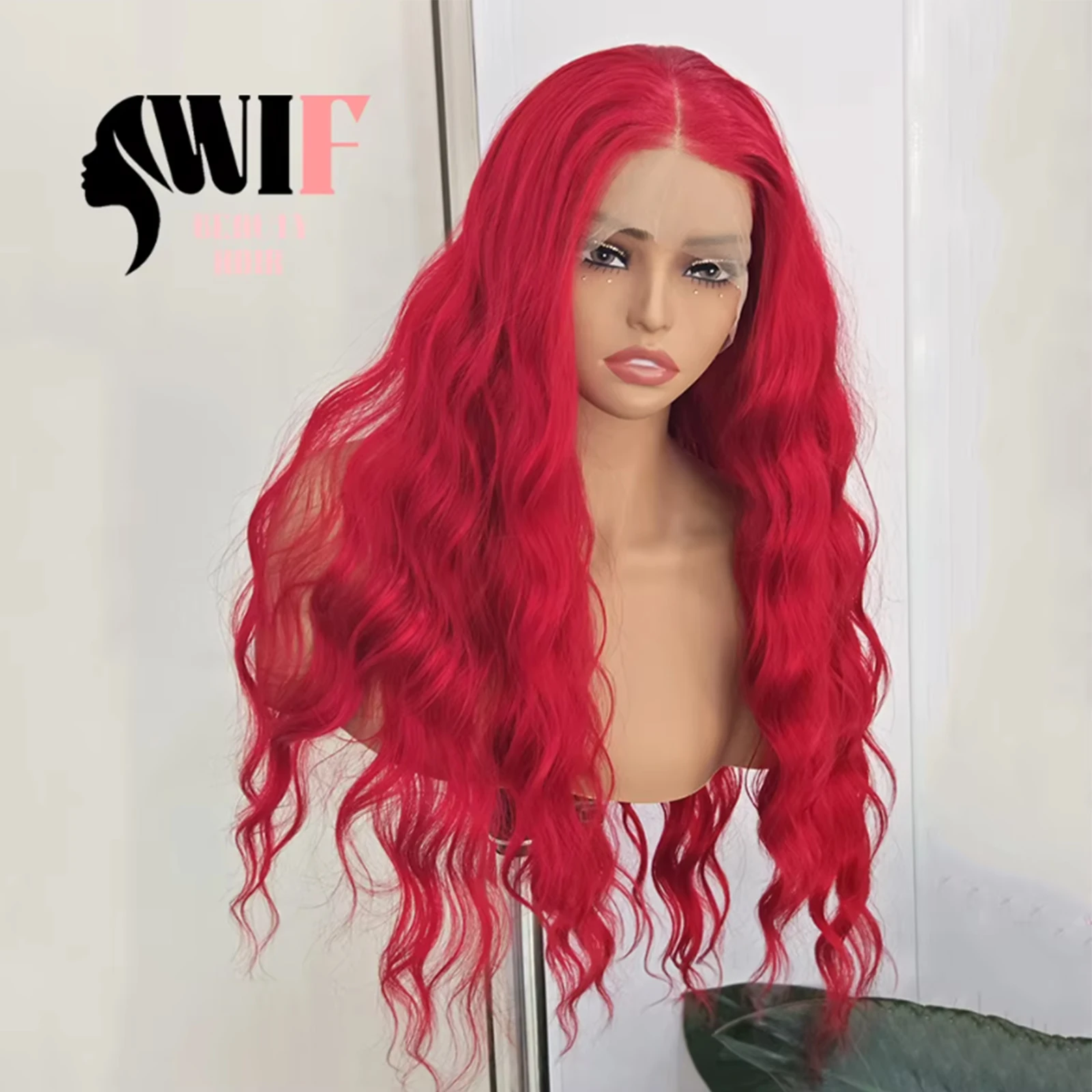 WIF Red Wave Synthetic Hair Cosplay Lace Wig Red Color Body Wave Heat Fiber Lace Front Wigs Natural Hairline Women Makeup Hair
