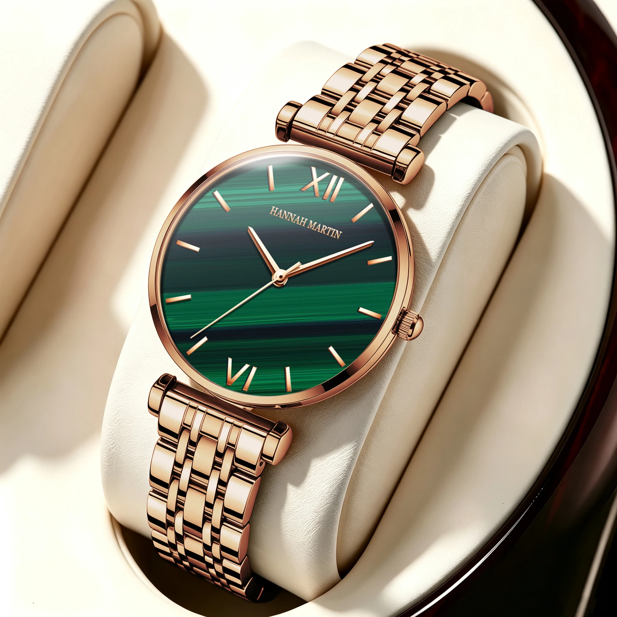Hannah Martin Green Malachite Dial Watches Fashion Light Luxury Style Japan Movement  Stainless Steel Strap Waterproof Watches
