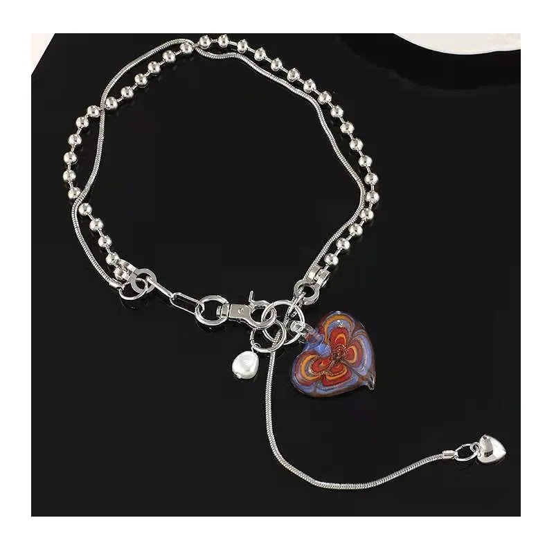 

French Retro Niche Design Sense Glazed Pearl Big Love Necklace Tide Internet Celebrity Girl Hip Hop Collarbone Chain