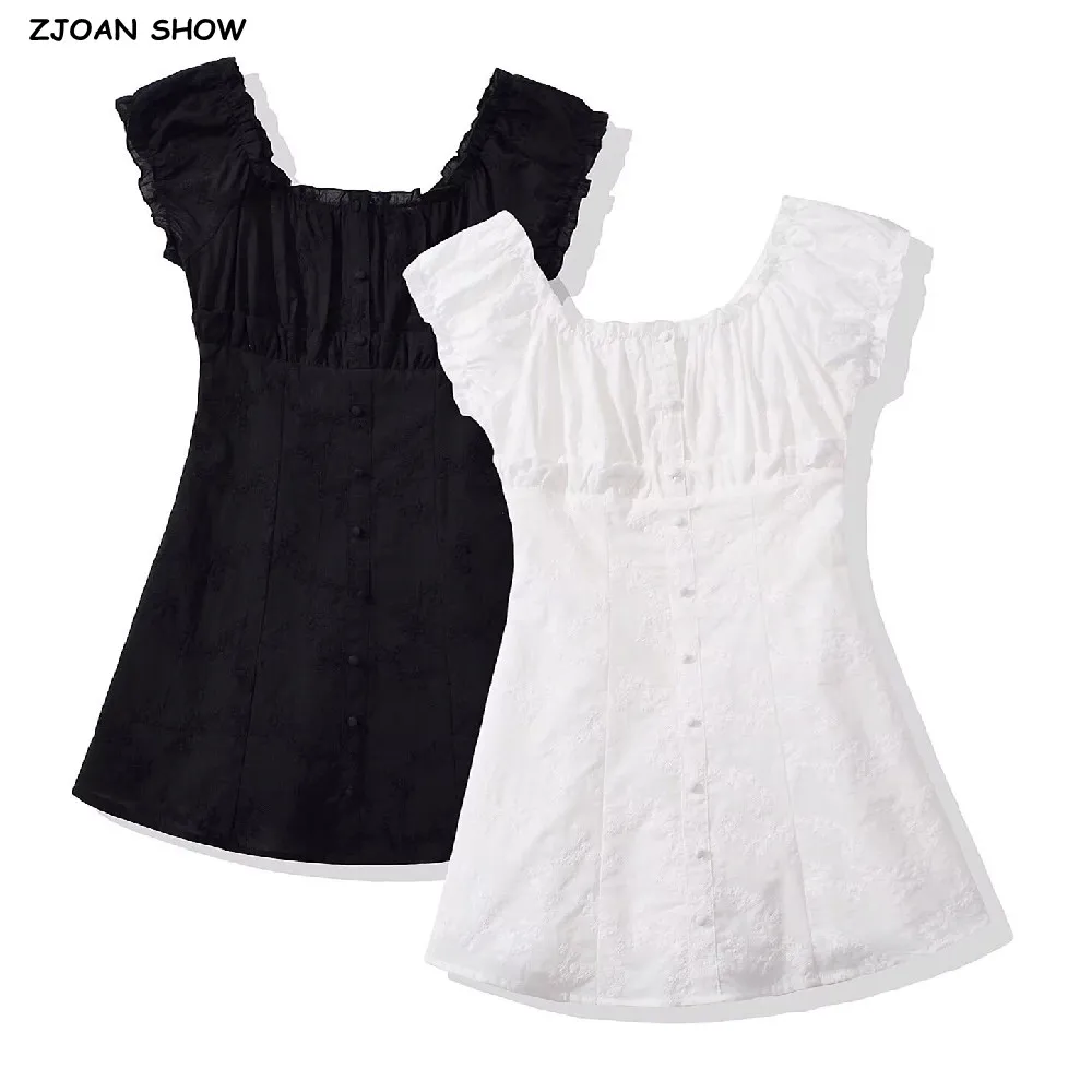 

2025 French Retro White Embroidery Lace Wood ears Slash Shoulder Mini Dress Women Short Sleeve Slim Waist Dresses Holiday Robe