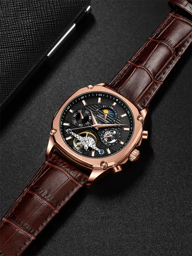 AILANG Moon Phase Automatic Skeleton Watches Luminous Hands Men Mechanical Watch Stainless Steel Clock Classic Wristwatches