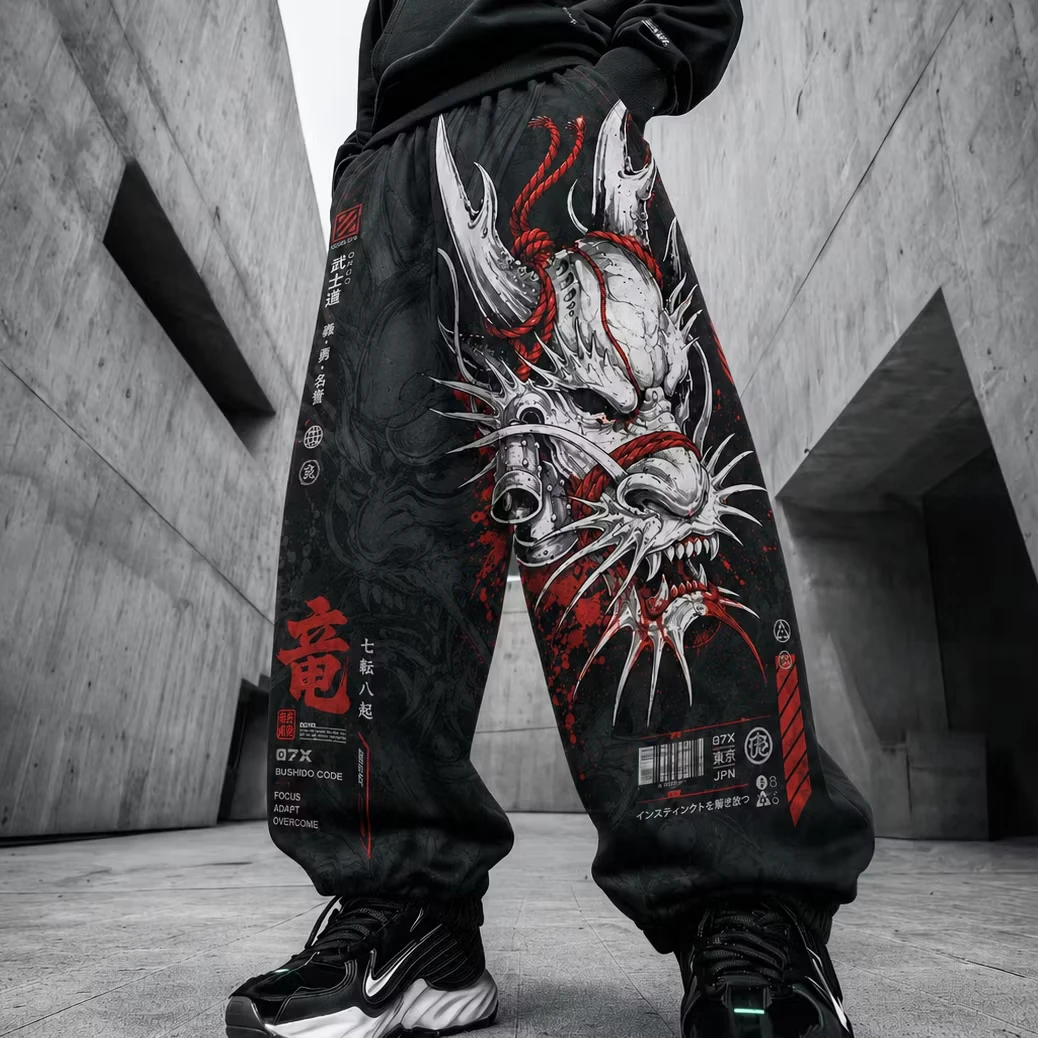 Japanese-style Dragon and Hannya Motif Athletic Sweatpants—Bushido Theme, Drawstring, Suitable for Fitness and Casual Wear.