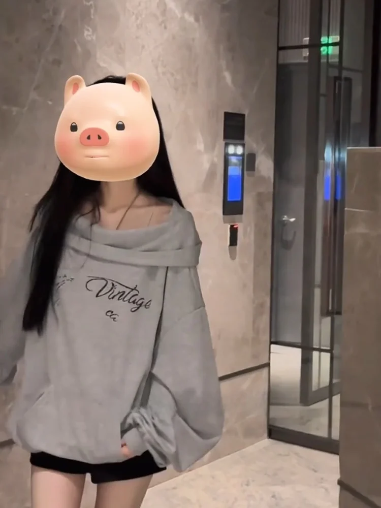 Retro American High Street Hoodie Women's Autumn Winter Fce Oversize Lazy Loose Long Sve Top oulder Bared Streetwear