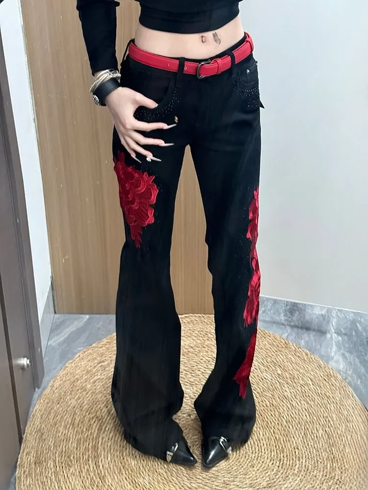 2026 Spring Women Rose Embroidery Jeans American Vintage Y2K Streetwear High Waist Extended Length Floor-Length Denim Pants