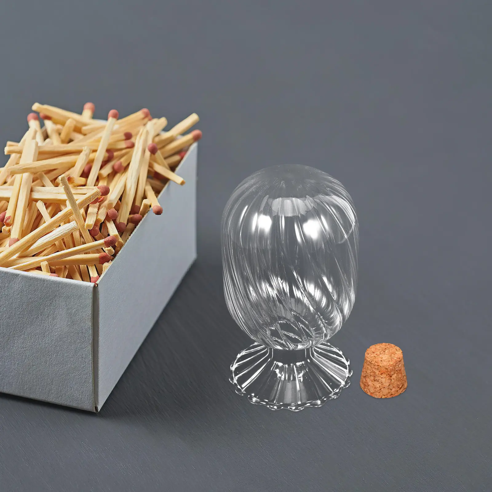 Helix-Shaped Transparent Glass Match Holder with Cork Lid – Decorative Fireplace Display Storage Jar