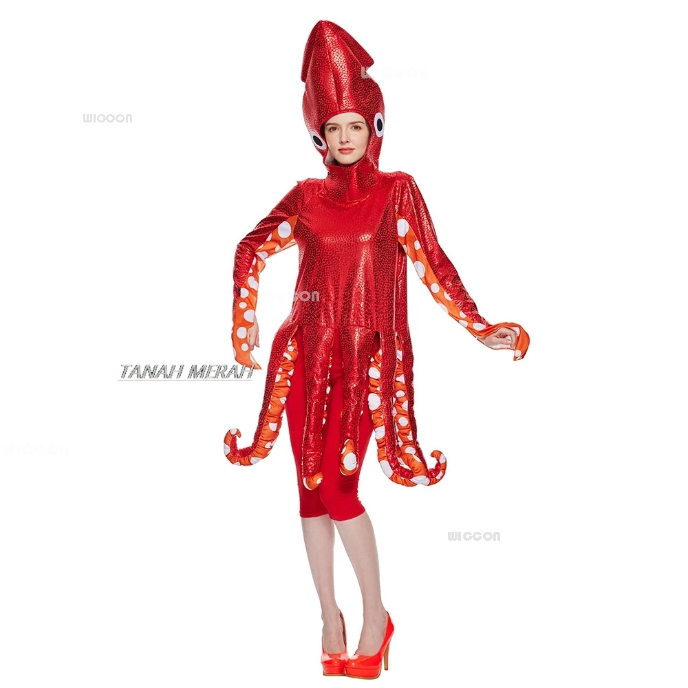 Halloween Adult Squid Cosplay Costume Red Octopus Tentacles Play Costume Sea Creature Party Onesie Spooky Funny Cos Clothes