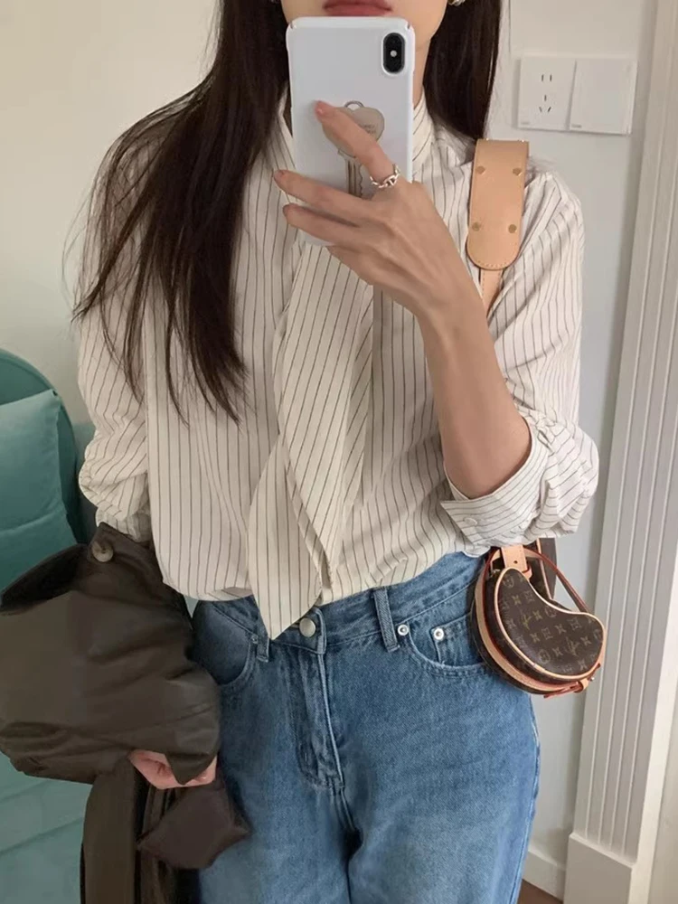Ele Spring Stripe irt Women's Loose Long Sve  Knot Design Single Button Chic Korean Sle Office Commute