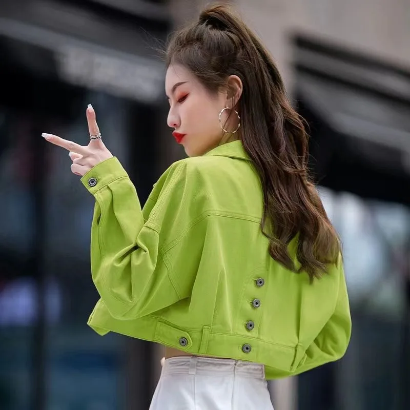 

Solid Color Beautiful Tops Female Spring and Autumn High-waisted Small Man New Lake Blue Ultra Short Jacket Top Color Denim Coat