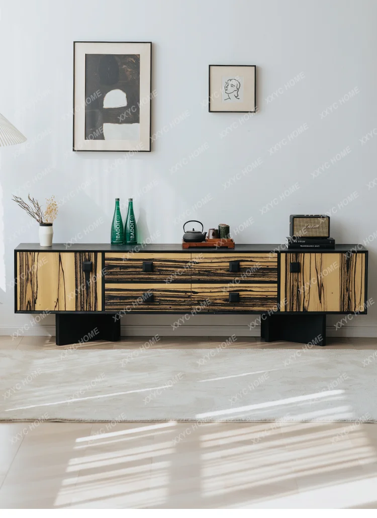 Black and white sandalwood veneer TV cabinet, antique living room 2.2 meters with black locker against the wall cabinet