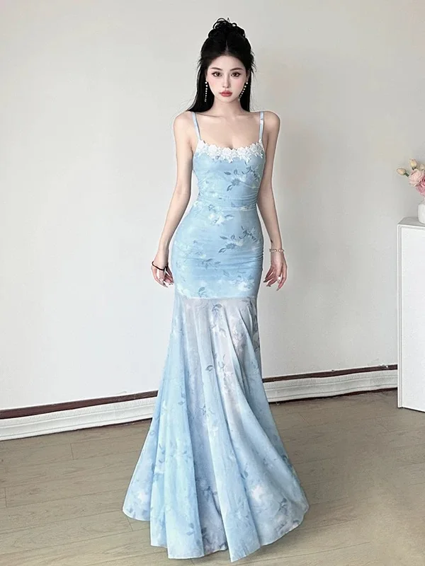 2025 estilo francês vestido verde claro feminino verão floral transparente sem mangas sereia praia sexy bodycon outfit