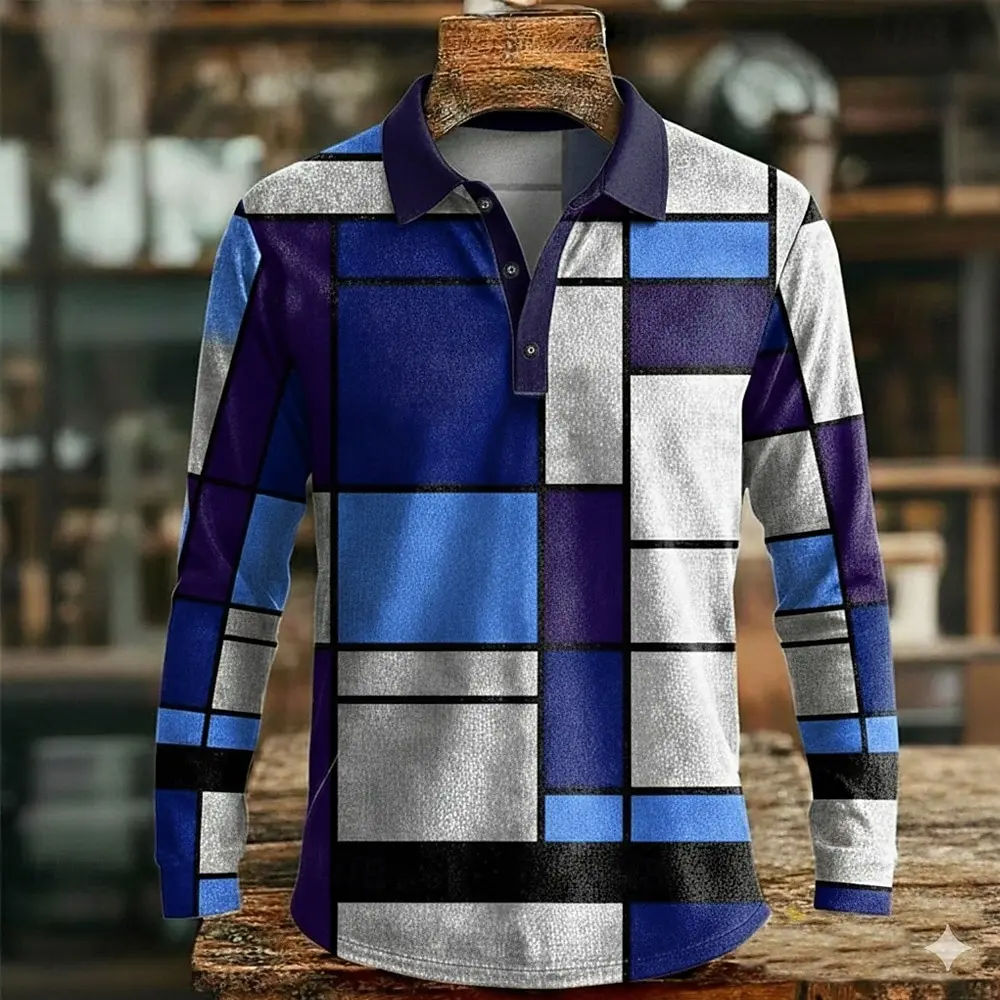 Men's Color Block Geometic Polo Long Sleeve Polo Shirts Lapel Casual Outdoor Athleisure Daily Wear 3D Print Buttons Spring Fall