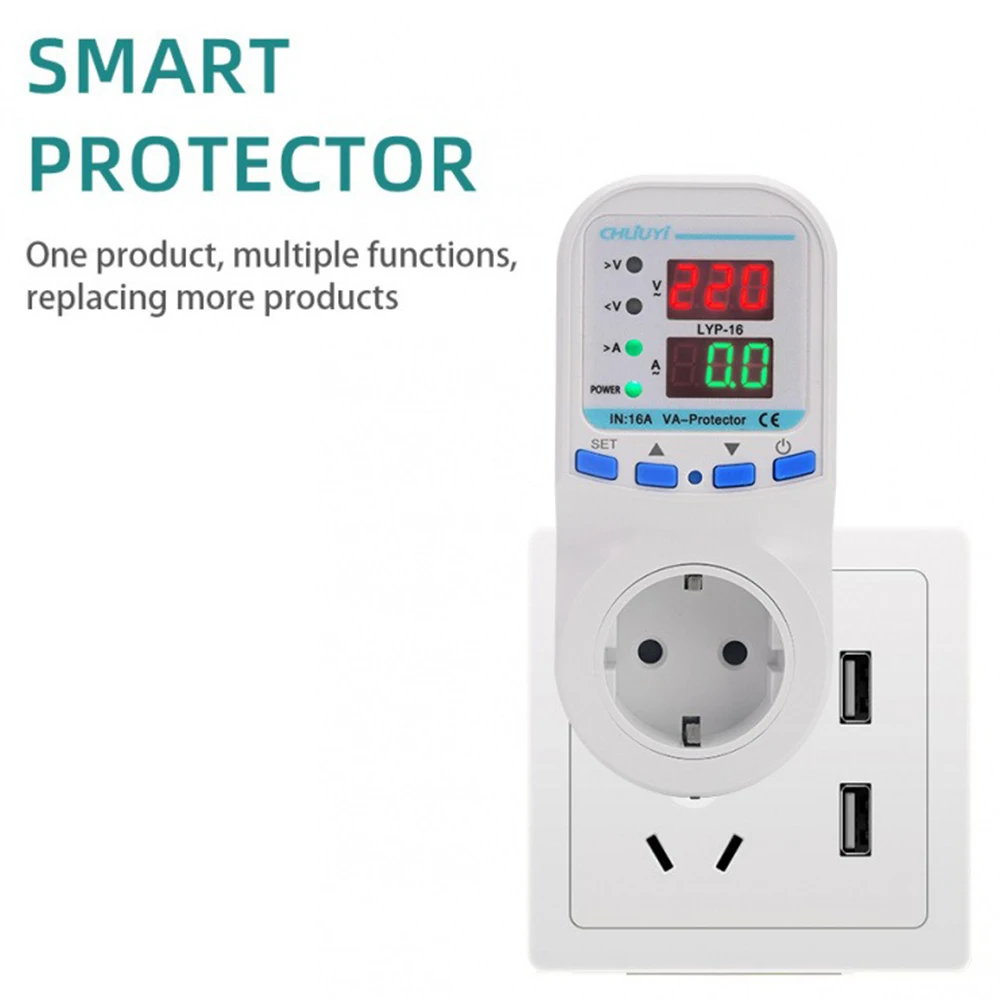 

16A Metering Socket 220V Dual Digital Display Overvoltage and Undervoltage Protector Overcurrent and Overload Protection Socket