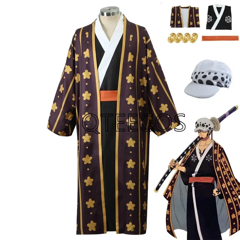 

One Anime Trafalgar Law Cosplay Costume Piece Bathrobe Kimono Suit Wano Country Halloween Party Performance Wear Earrings Hat