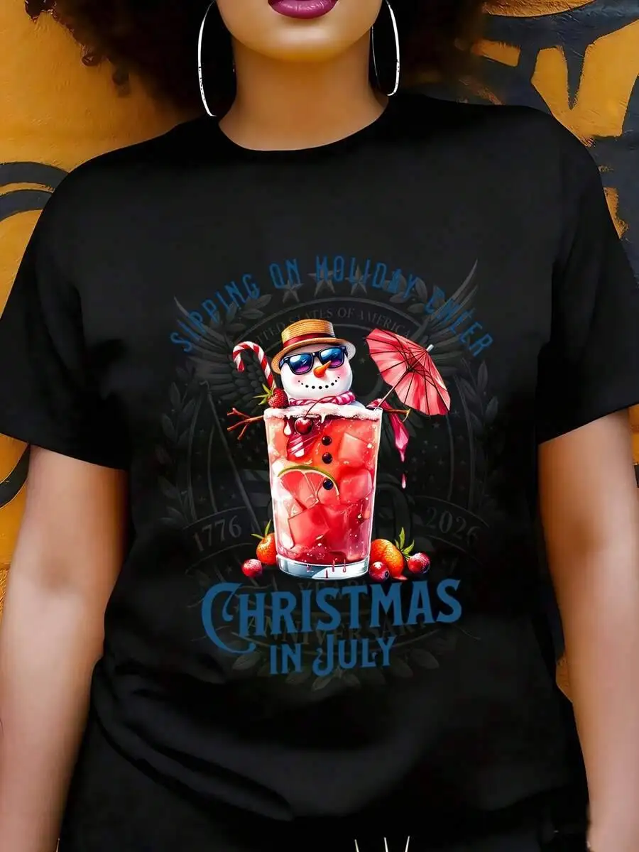 In July T Shirt Sipping On Holiday Cheer Snowman Cocktail Design For And Sporty Wear 100% Cotton Trendy Y2K Short-Sleeve