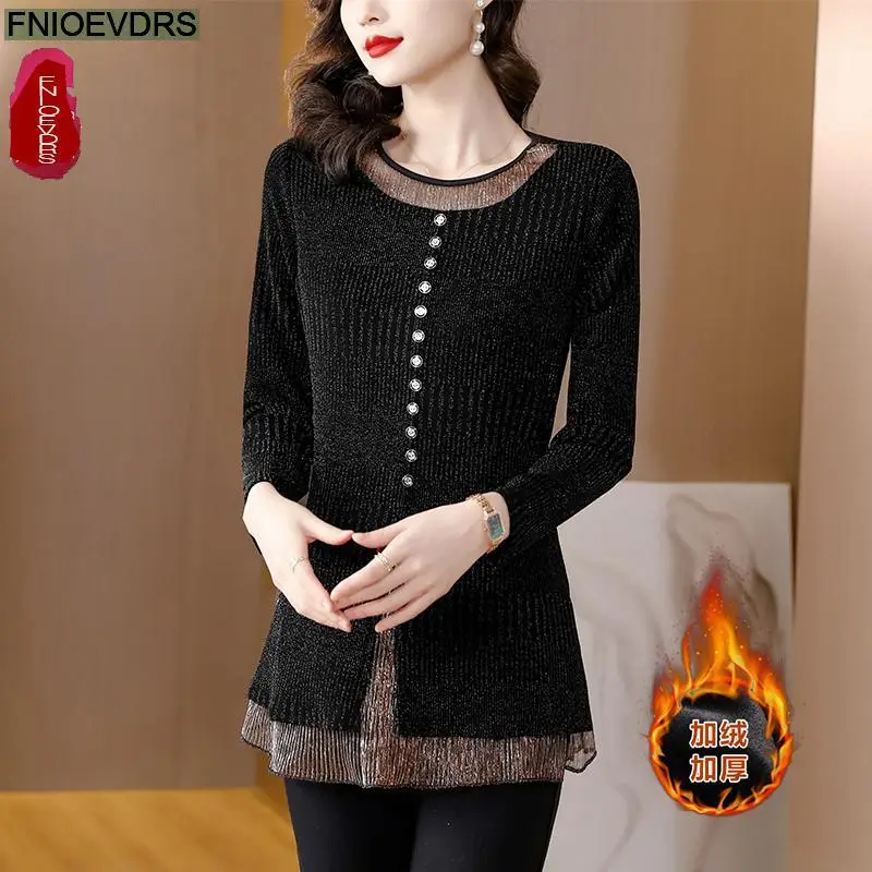 M-5XL Ruffles Bow Tunic Tops Women Long Sleeve Elegant Office Lady Belly Design Bling Button Warm Velvet Peplum Top Blouses