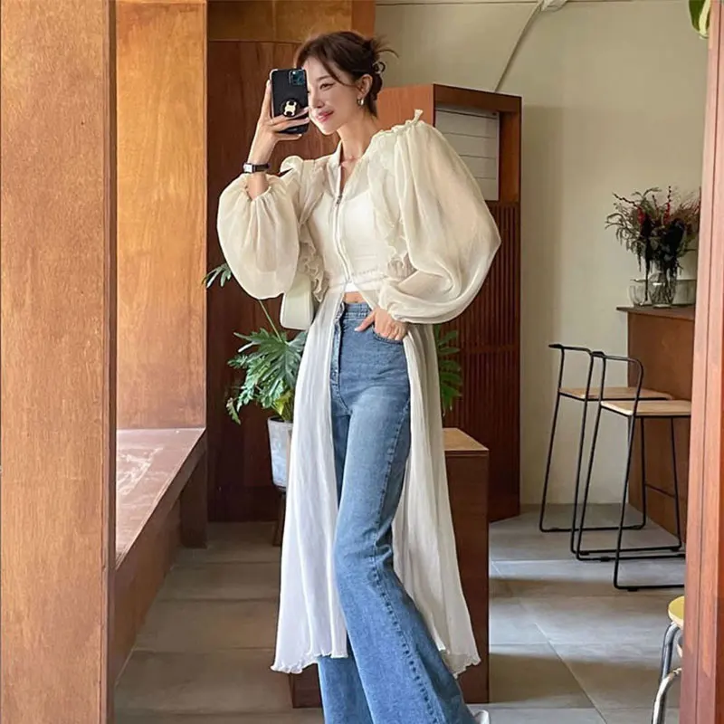 

Retro Chiffon Open Cardigan Women's Lace Trim Splice Lantern Bubble Sve Mid-Length See-tough Cover up Sweet Sle Loose Fit
