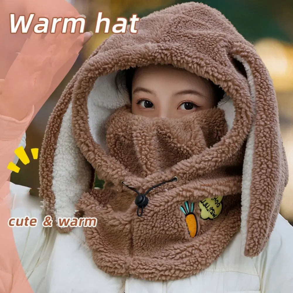 

Cartoon Rabbit Ear Balaclava Hat Solid Color Drawstring Fleece Pullover Cap Ear Protector Neck Warmer Masks Hood Beanies Female