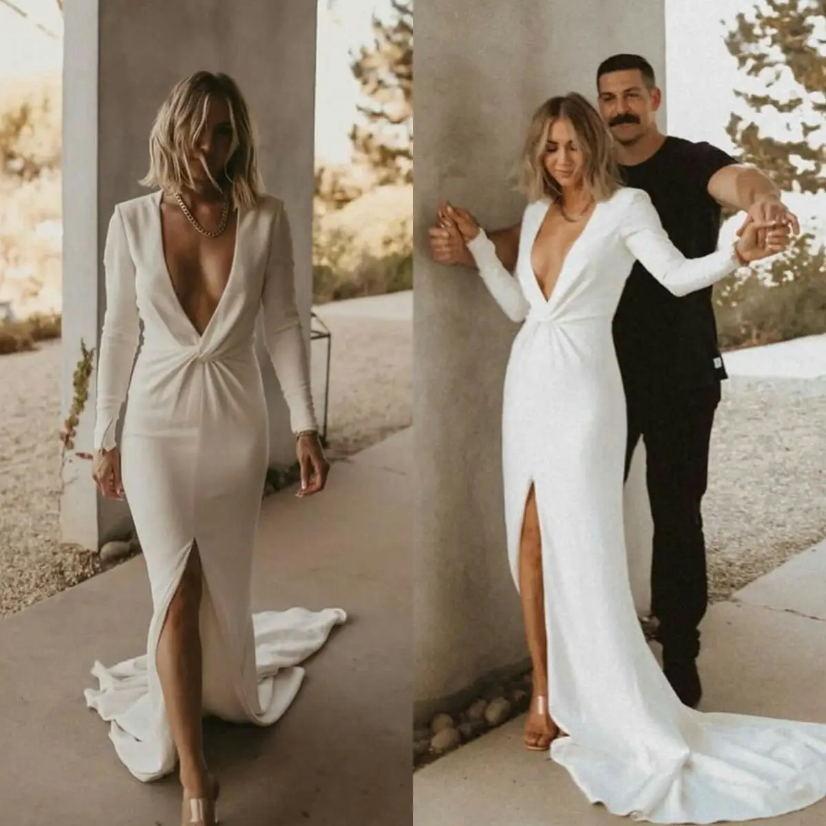 Vestido de novia bohemio de manga larga con pliegues y escote en V, traje de novia de satén bohemio personalizado