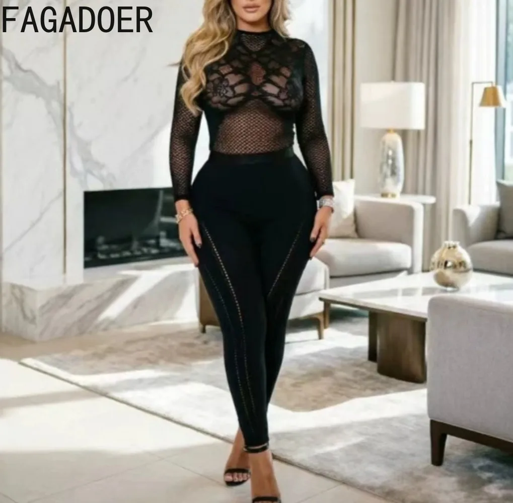 FAGADOER Sexy Mesh See Through Pants 2 Pcs Sets Hot Girl Night Party Club Sits Fashion Hollow Out Top + Bodycon Pants Outfits
