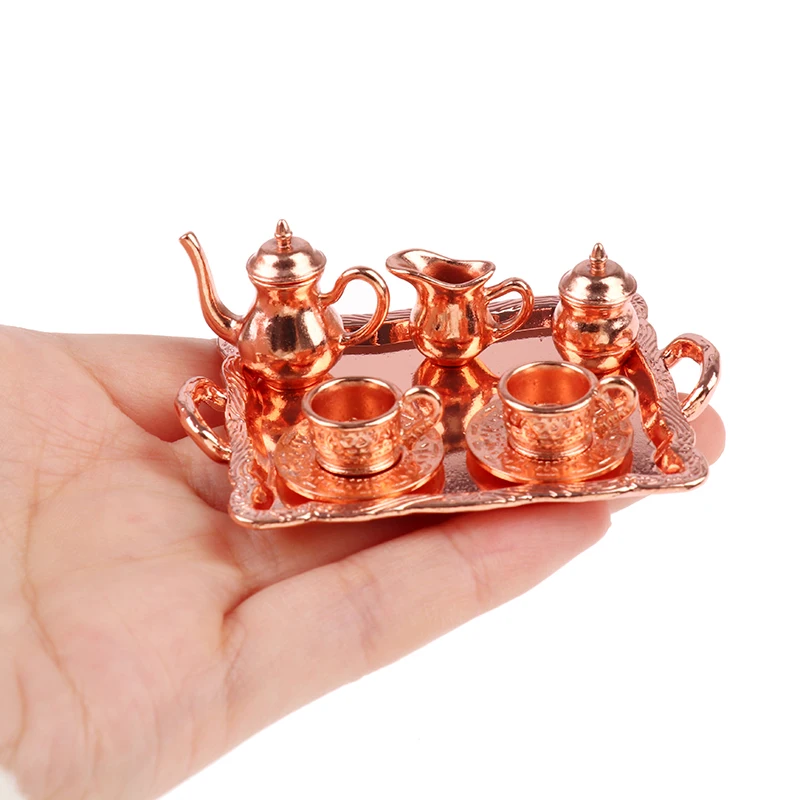 8pcs/set Dollhouse Miniature Wine And Tea Set With Square Plate Metal Silver/Gold/Copper Pot&Cups Doll House Kitchen Decoration