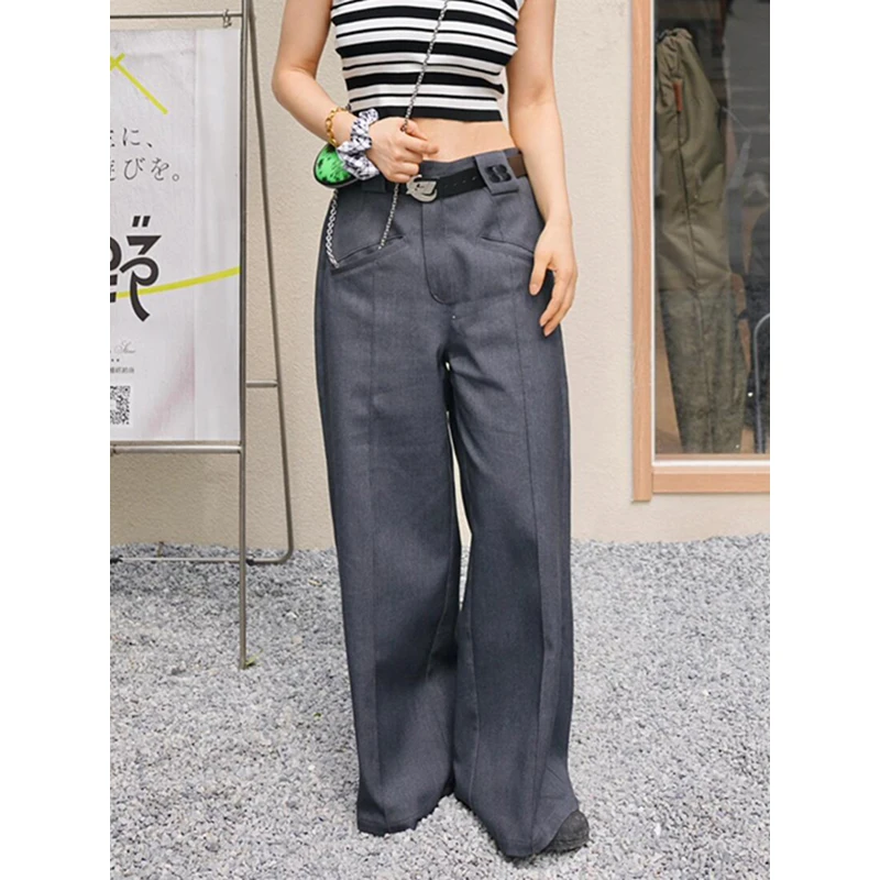 

PBAP Retro Gray Pintuck Suit Long Trousers Women High Rise Splice Pockets Draped Plain Straight Wide Pants Summer Casual Clothes