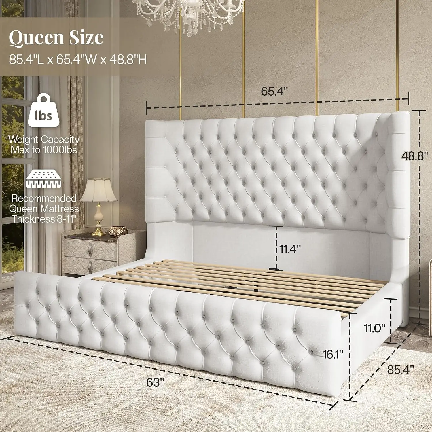 Upholstered Queen Bed Frame Wingback Headboard & Footboard Platform White, Customized