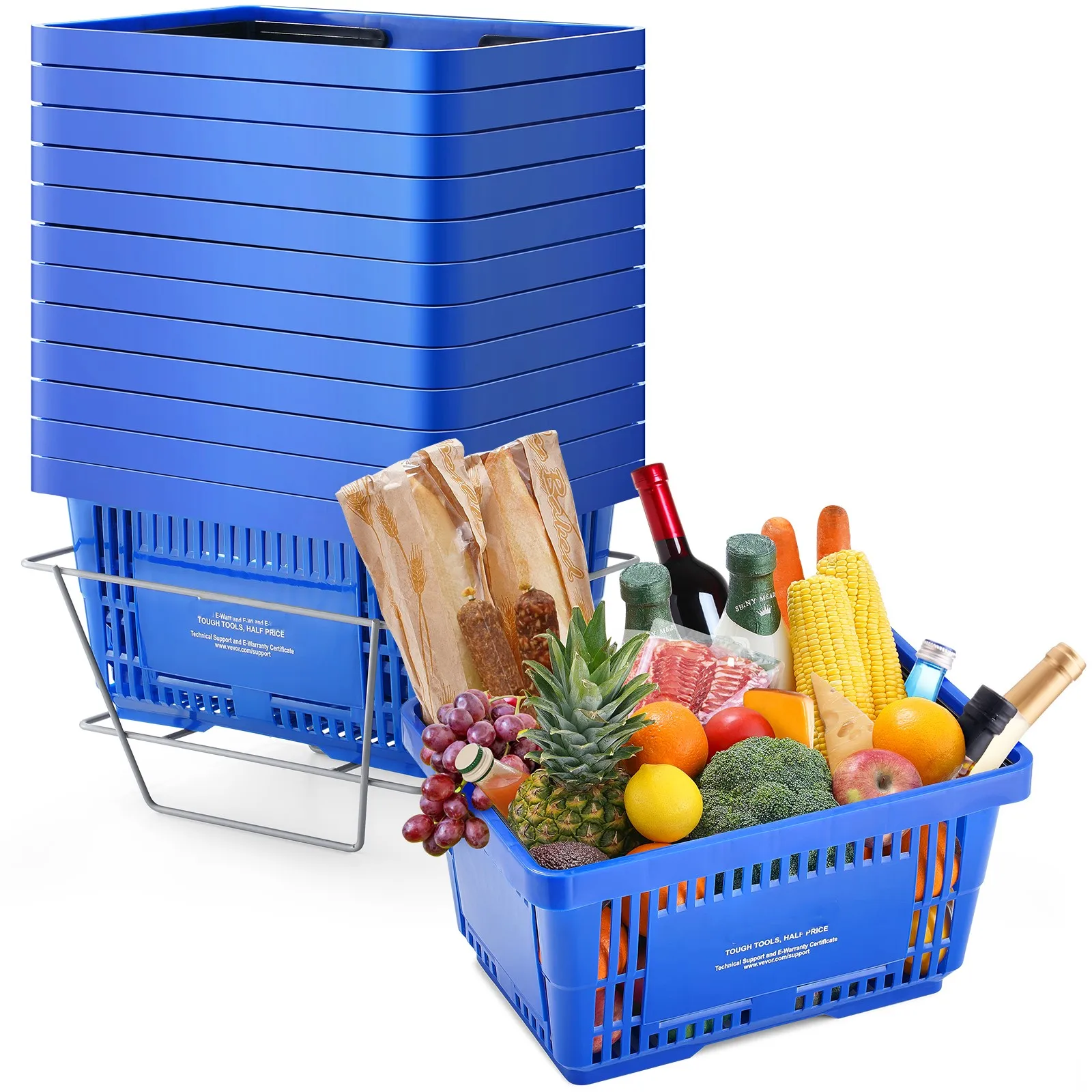 

SucceBuy 12pcs Shopping Basket 24L Plastic Grocery Basket with Handle Stand Portable Shop Basket Bulk Used for Store Supermarket