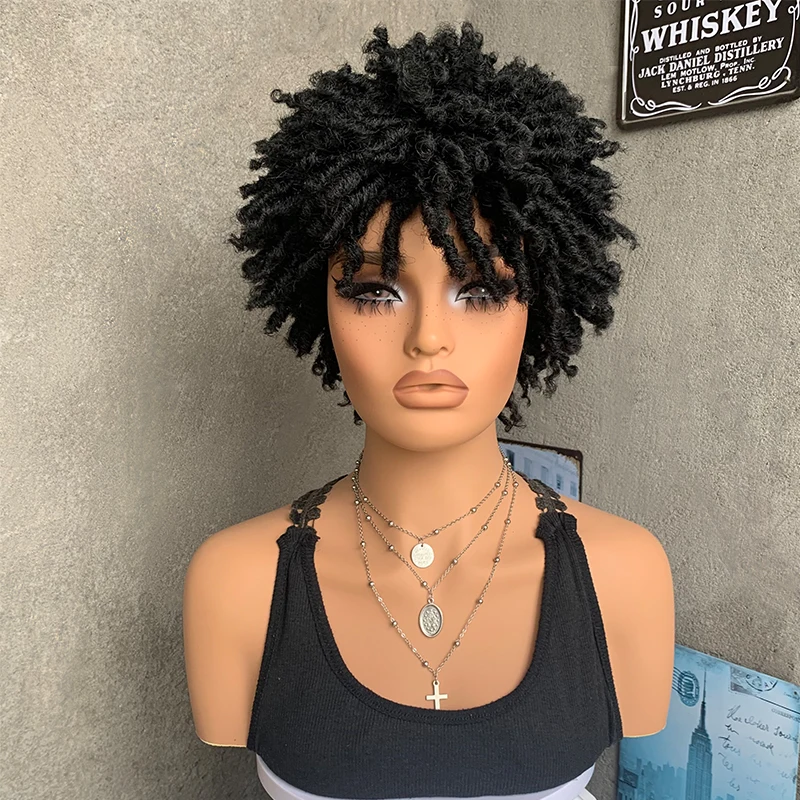 

Short Black Braided Hair Dreadlock Synthetic Wigs With Bangs For Young Men Heat Resistant Fiber Afro Kinky Curly Male Party Wigs