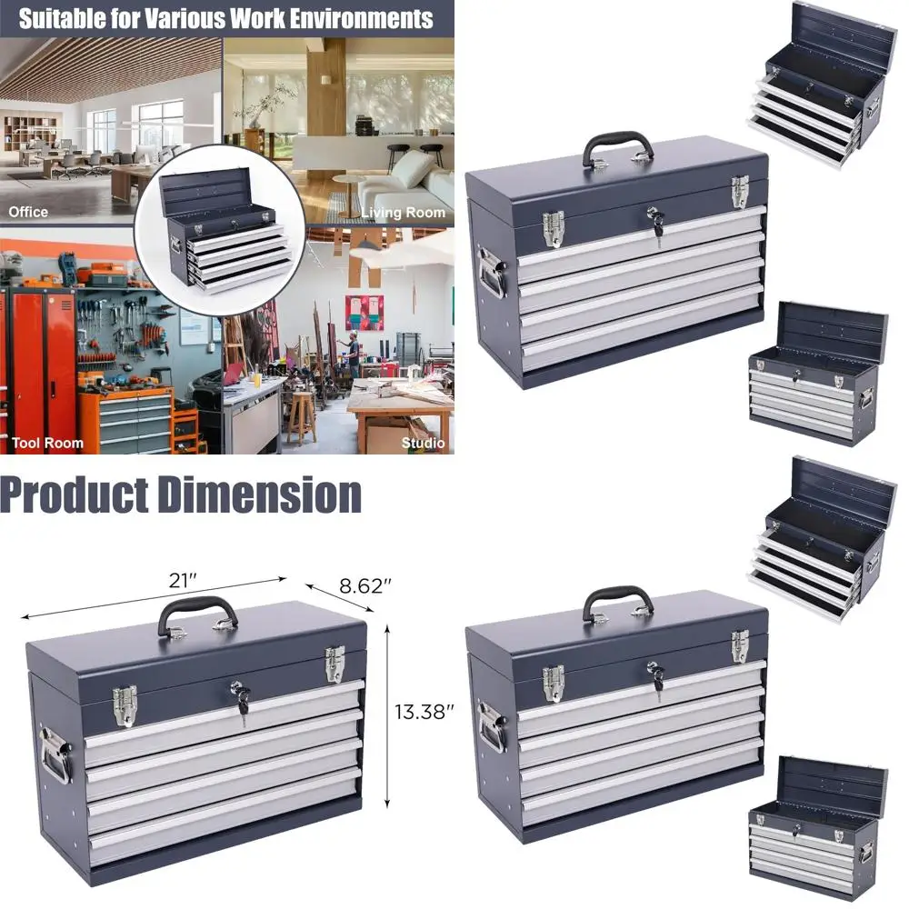 

21 Portable Metal Tool Chest with 4 Drawers, Lockable Steel Box, EVA-Lined Slides, Powder-Coated Antique Grey