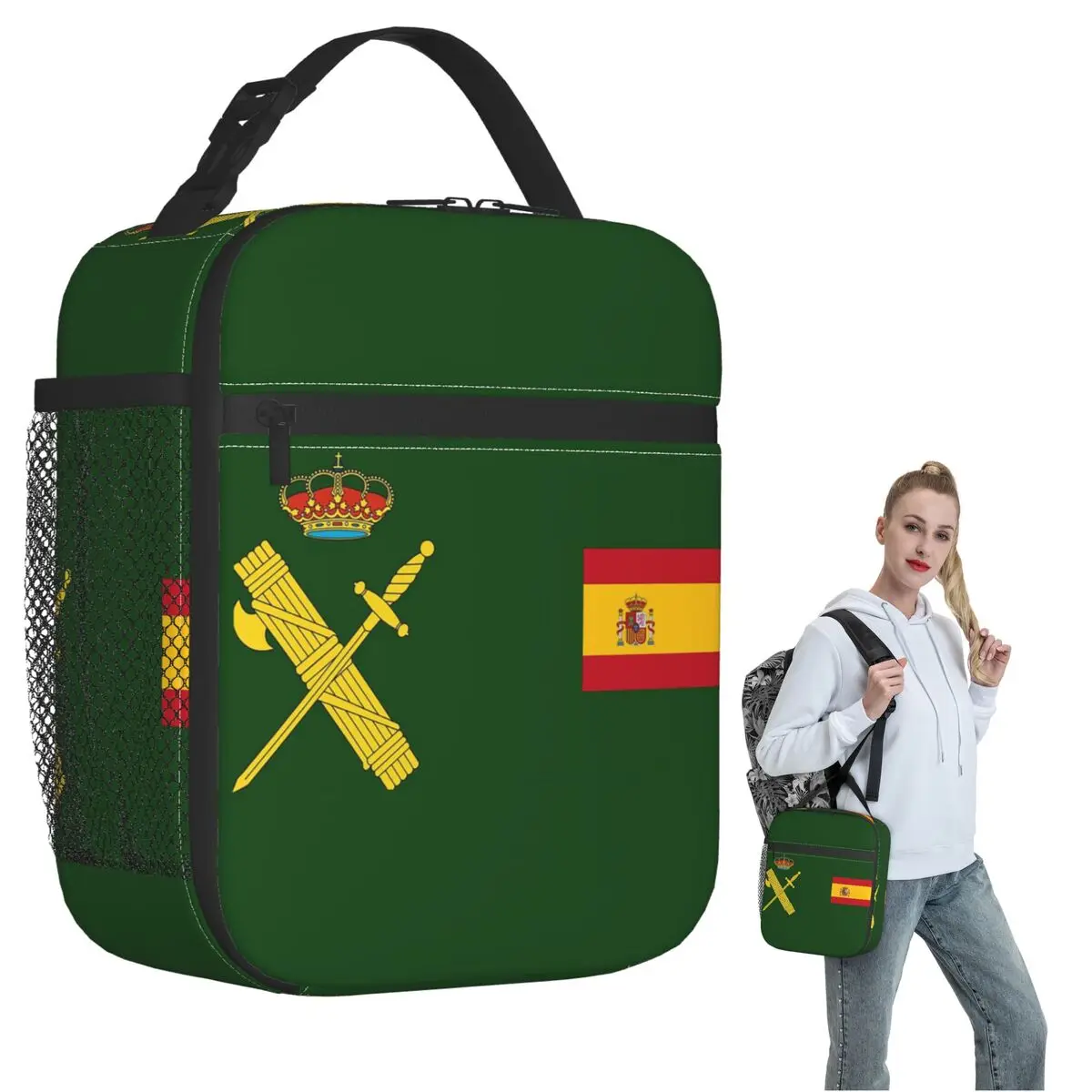 

Spain Flag Plus Emblem Civil Guard Insulated Lunch Bag for Women Children Portable Food Boxes Thermal Lunch Box Tote
