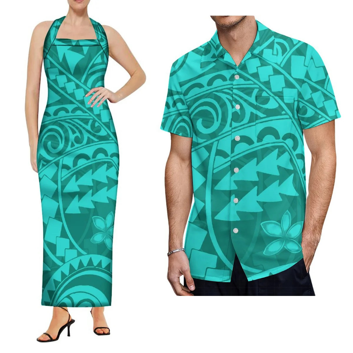 Summer Polynesian Women'S Dress New Slim-Fit Halter And Men'S Shirt Multi-Size Selection Of Customized Couple Clothing