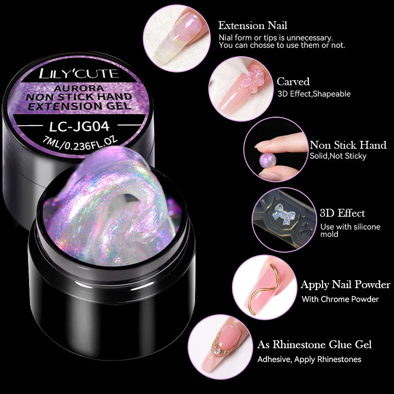LILYCUTE 7ml Aurora Non Stick Hand Extension Gel Nail Polish For 3D Shaping Nail Art Colorful Solid Hard Gel For Fake Nail