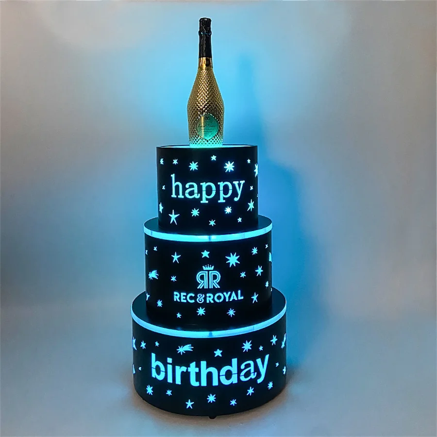 

Customized Night club Bar Lounge Champagne Display 3 tier Cake Bottle Presenter VIP Bottle Service Presenter Happy Birthday Cake