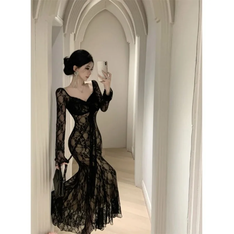 Women's French Style Casual Long Dress with 3D Flowers, Flowing Ribbons, Long Sleeves, Lace, Slim-fit Waist and Mermaid Tail