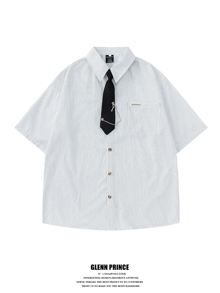 Street Style Chain Tie Stripe Short Sleeve Men's Shirt Summer Design Unique Couple's Shirt Loose Fit Polyester Cotton Blend