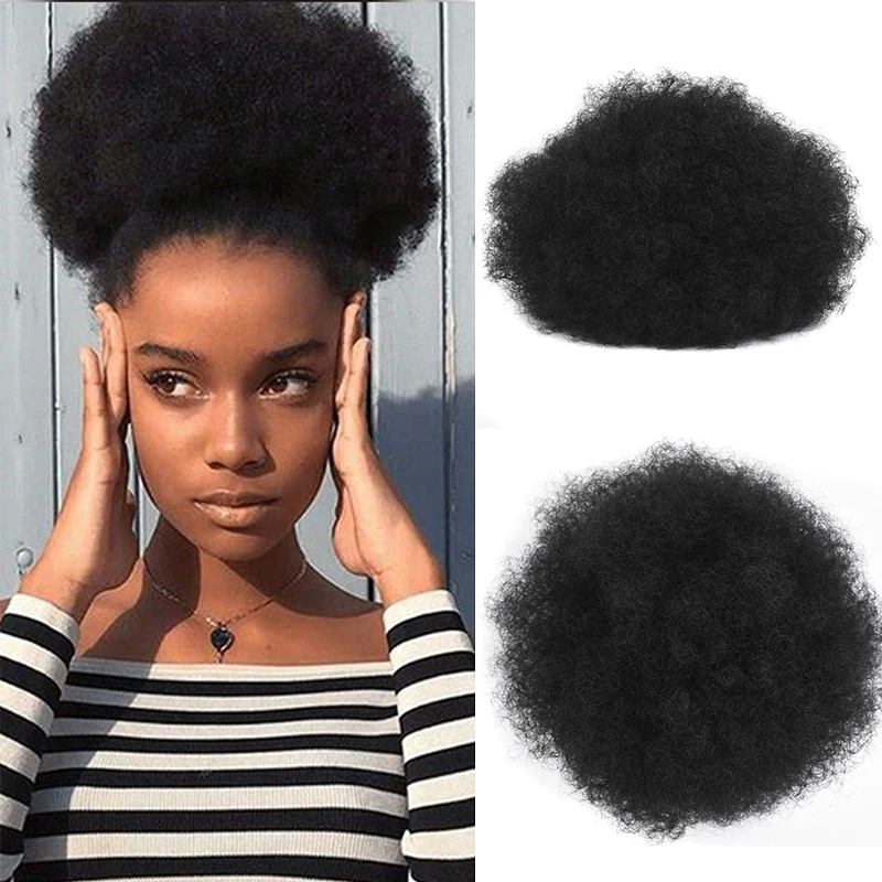 Chignon encaracolado pervertido do Afro curto para mulheres, pão natural do sopro, pão preto, pães sintéticos, cauda do pônei do cordão, 8"