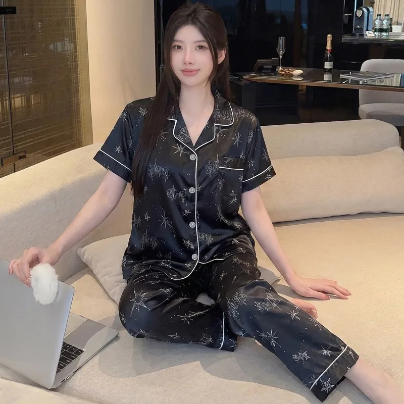 

2026 Summer New Pajama Set Women Satin Black Star Print Lapel Button Short Sleeve Top Long Pants French Sleepwear Loungewear
