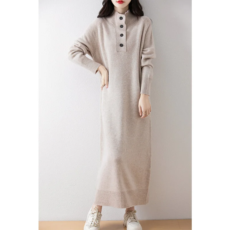 100% pure wool vestido ladies hot sale Autumn/Winter 2024 new fashion cashmere dress women\'s turtleneck wool clothing