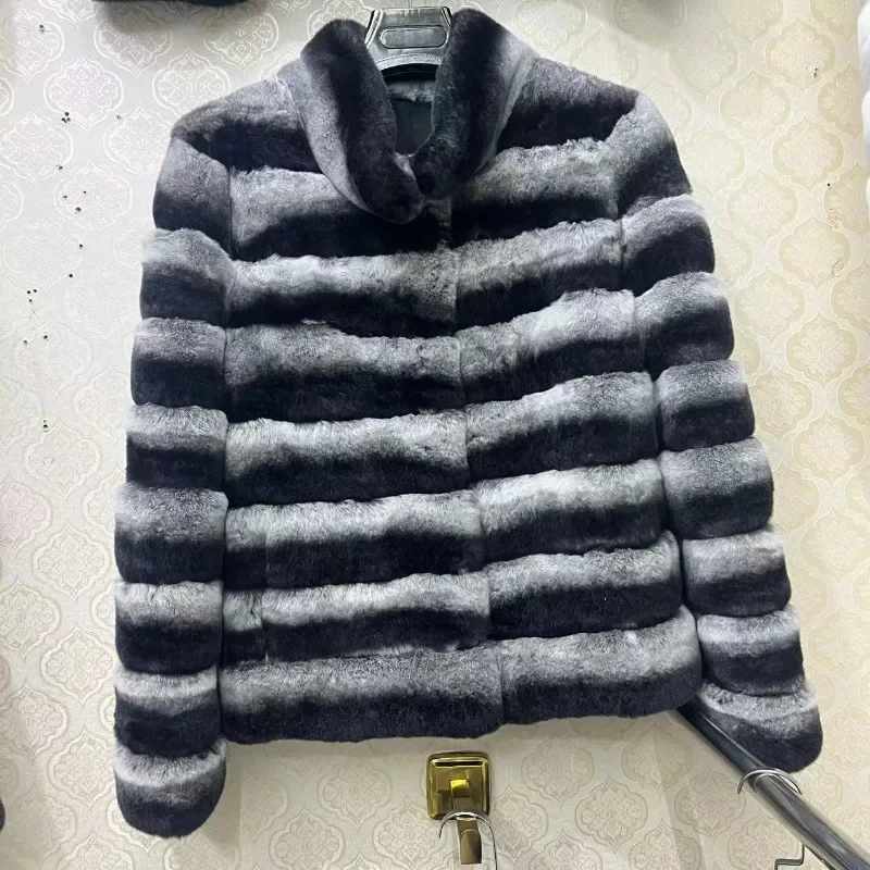 2024 New women's Chinchilla striped jacket Real Rex Rabbit fur fur all-in-one fur coat coat length 60cm package mail winter thic