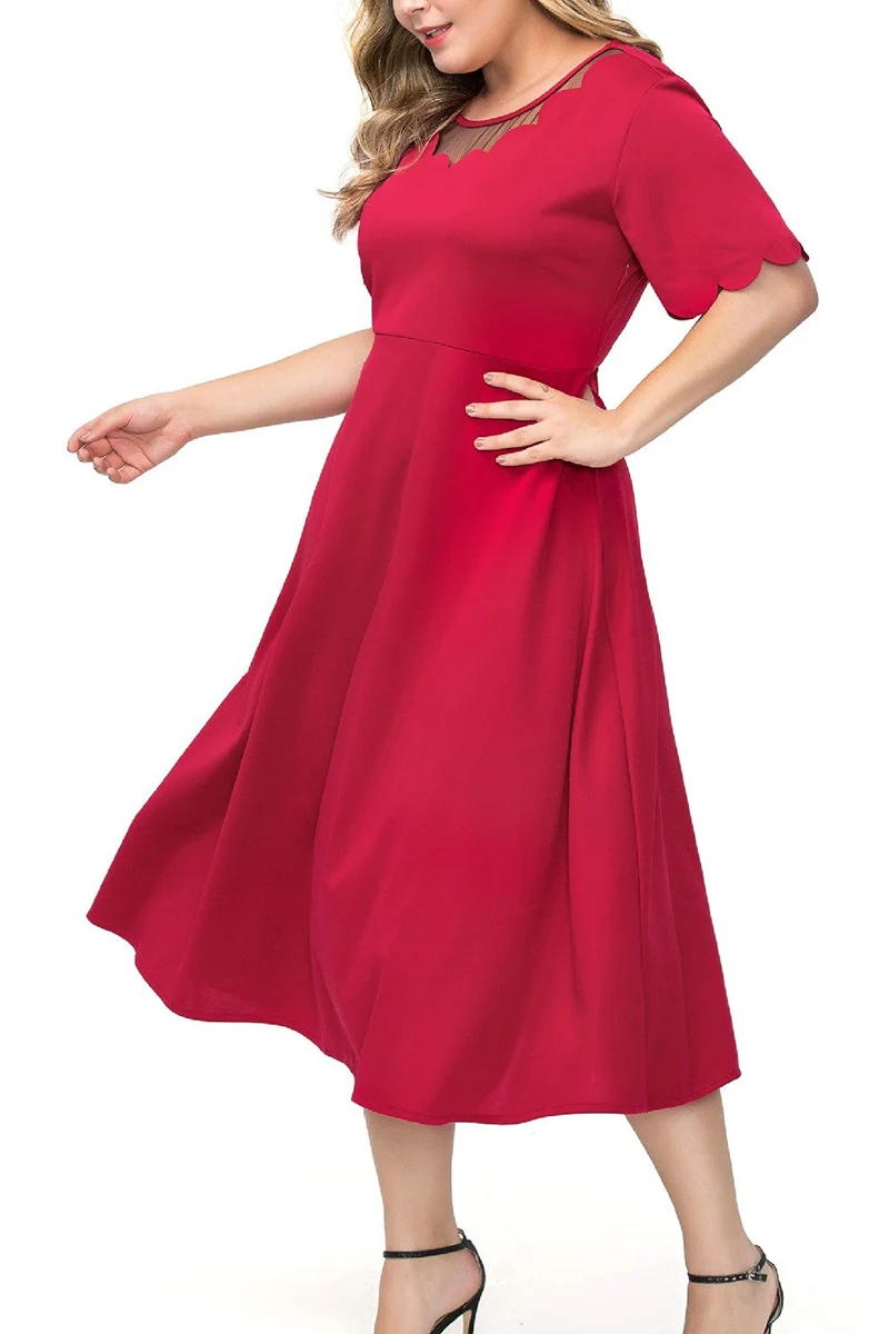 

Women Party Dress Plus Size Mesh Stitching Short Sleeve A Line Tunic Midi Dress Elegant Simple Solid Round Neck Summer Dress
